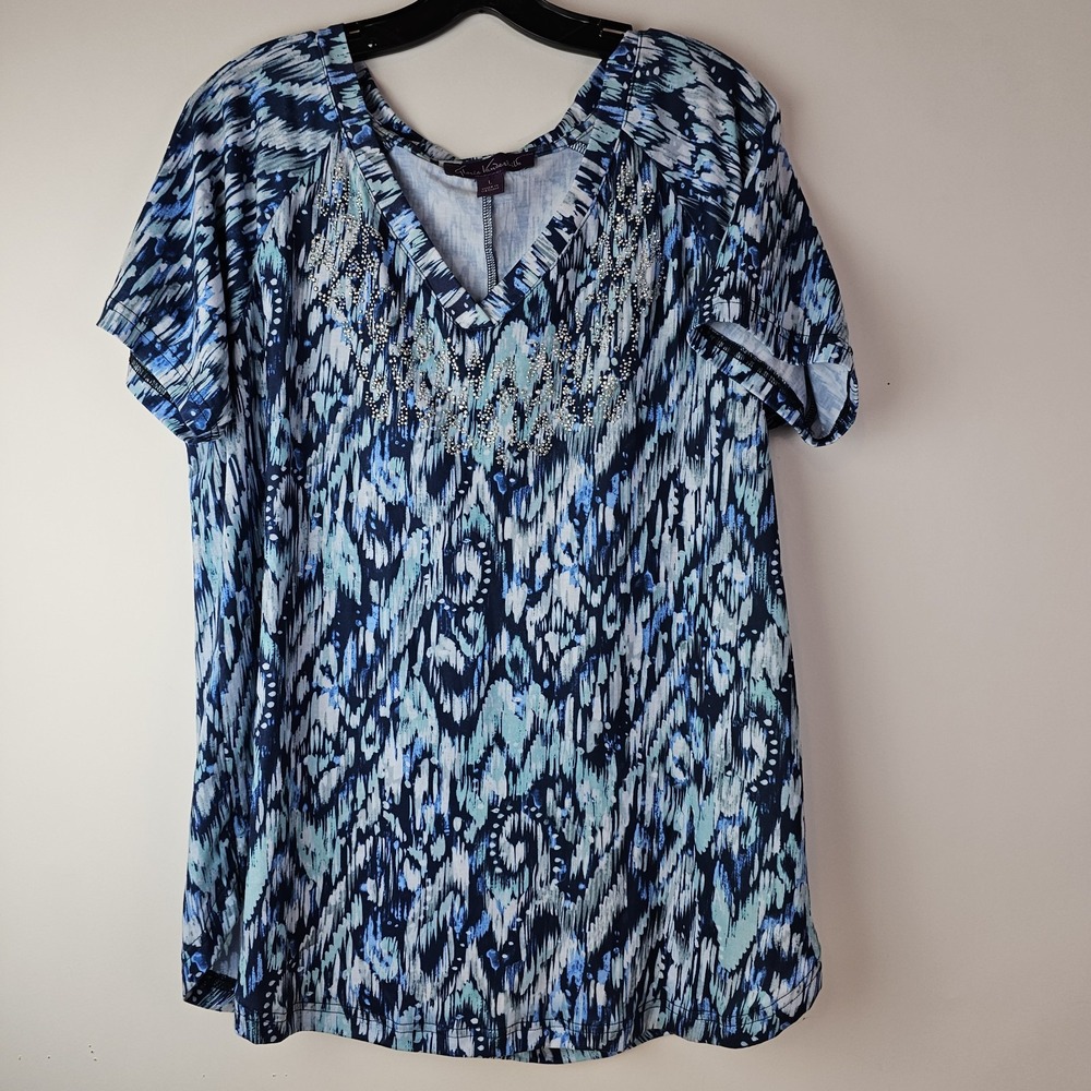 GLORIA VANDERBILT‎ L Blue Geometric Print Top Short Sleeve Stretch Pullover